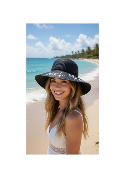 Mollycrush Kadın Siyah Beach Please Hasır Şapka Yazlık Şık Model Siyah
