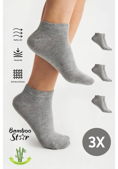 Bamboo Star Bambu Kadın Gri Patik Dikişsiz Premium Çorap 3 Lü Paket