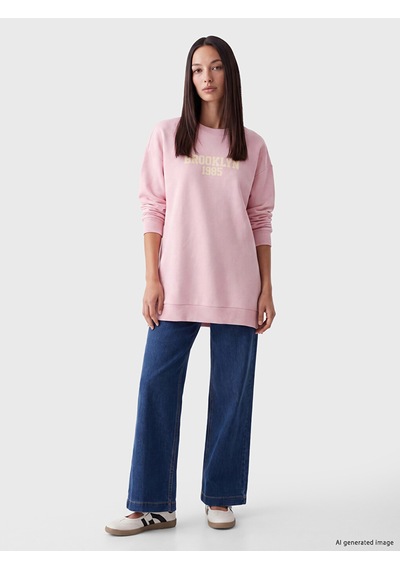 LC Waikiki Lc Waıkıkı Pembe Baskılı Kadın Kalın Sweatshirt Tunik