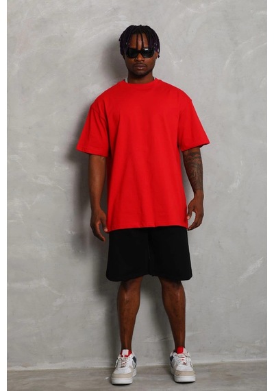 Oversize Düz Bisiklet Yaka T-shirt - Kırmızı - -Çok Renkli