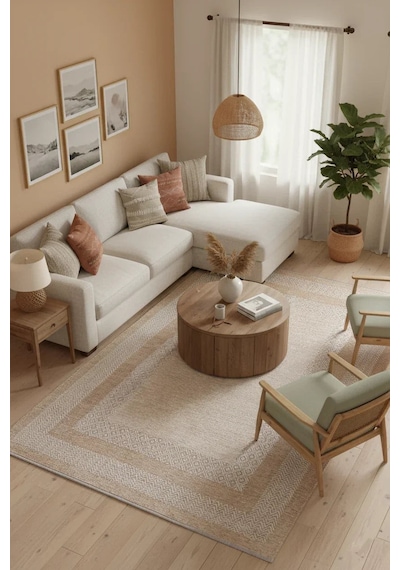Beyaz Bej Modern Yıkanabilir Antibakteriyel Salon Halısı - Yo11543b Beyaz - Bej