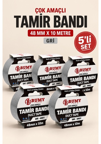 5 Adet Gri Tamir Bandı Set 48 Mm X 10 Metre Çok Amaçlı Duct Tape Bant Güçlü Yapışkanlı Bantları