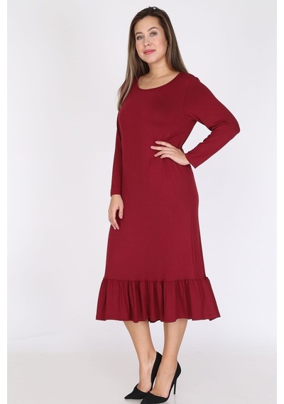 Bordo Uzun Kollu Büyük Beden Elbise 12C-0786 Bordo
