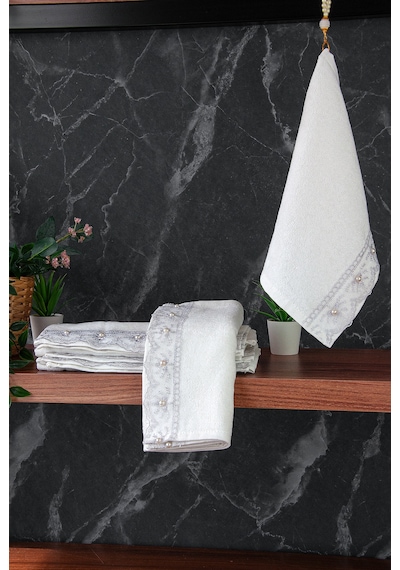 % 100 Pamuklu Kadife Güpürlü İnci Işlemeli 6 Lı Çeyizlik El Yüz Havlu Seti - 30x50 Cm - 04466 - Gri Gri