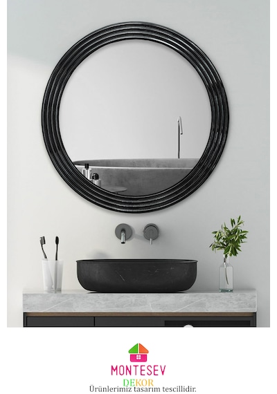Zümrüt Ahşap Siyah Yuvarlak Ayna Işlemeli Duvar Banyo Aynası 56cm