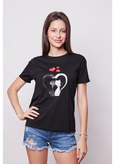 Jument Baskılı Sıfır Yaka Kırışmaz Span Karışımlı Şık Kısa Kol T-shirt Bluz- Siyah Kedi Kalp Desenli Kedi Kalp