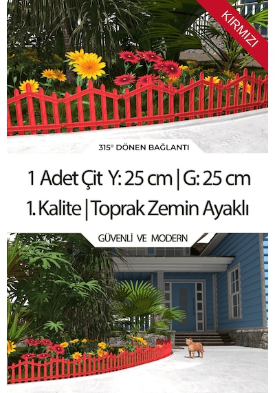 Dekoratif Plastik Bahçe Çiti Ve Peyzaj Çiti 1 Adet Çit Y: 25 Cm / G: 25 Cm Toprak Ayaklı - Kırmızı