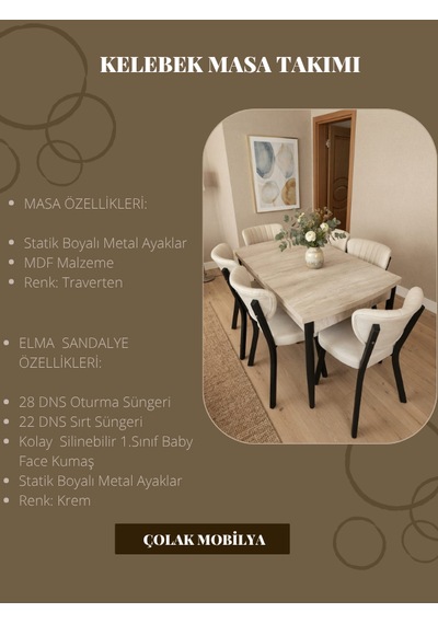 6 Kişilik Yemek Masa Takımı 1adet 80 X 130 Açılabilir Mdf Masa 6 Adet Elma Sandalye Krem - Traverten