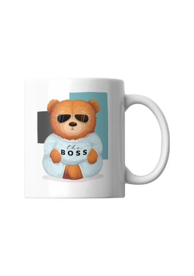 Boss Bear Baskılı Porselen Kupa Beyaz Beyaz