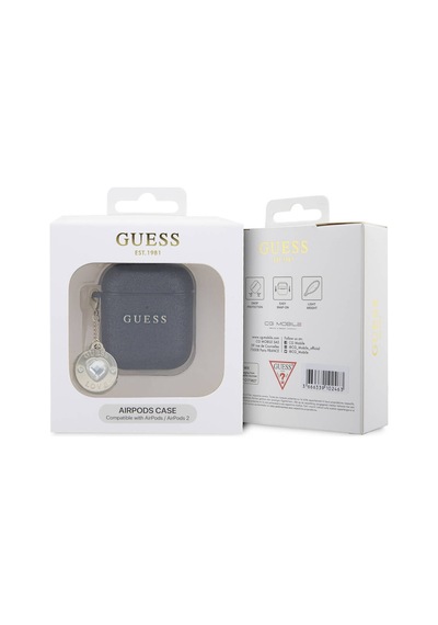 Apple Uyumlu AirPods Kılıf Guess Lisanslı Glitter Elmas Kalp Süs Zincirli Siyah