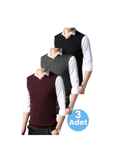 Tezzgelsin 3'lü Erkek V Yaka Triko Tüylenmez Süveter Erkek Slim Fit Süveter Bordo - Füme - Siyah