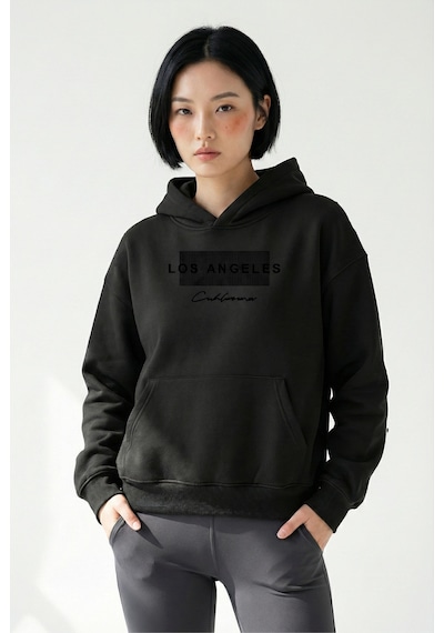 Uyguntarz Unisex Yumuşak Dokulu Los Angeles & California Baskılı Tasarım Oversize 3 İplik Hoodie Sweatshirt siyah