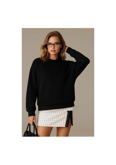 Fashion Friends Oversize Bisiklet Yaka Siyah Kadın Sweatshirt 25k0141k1