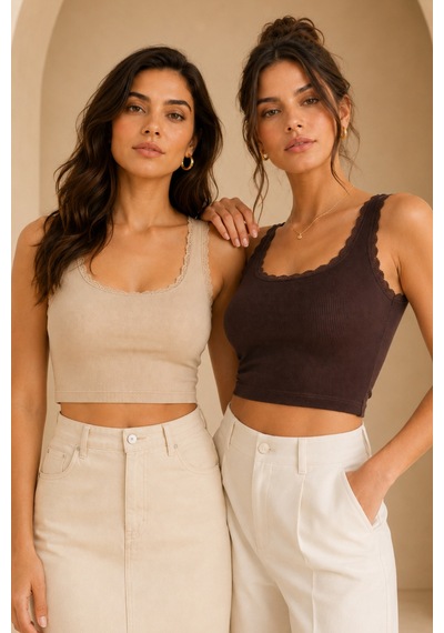 Loule Kadın 2'li Dantel Detaylı Fitilli Crop Top Bej-kahverengi Pamuklu Çok Renkli