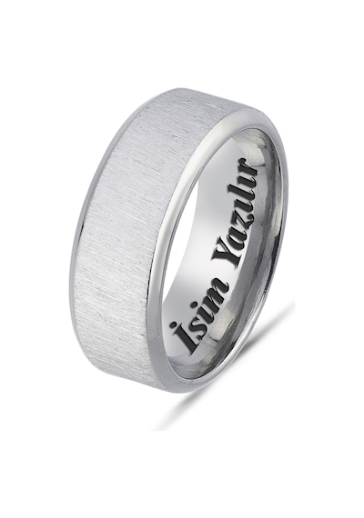Takı Dükkanı Kişiye Özel İsim Yazılı Köşeli 8mm Mat Fırçalanmış Düz Unisex Çelik Yüzük Alyans Cl48y Beyaz