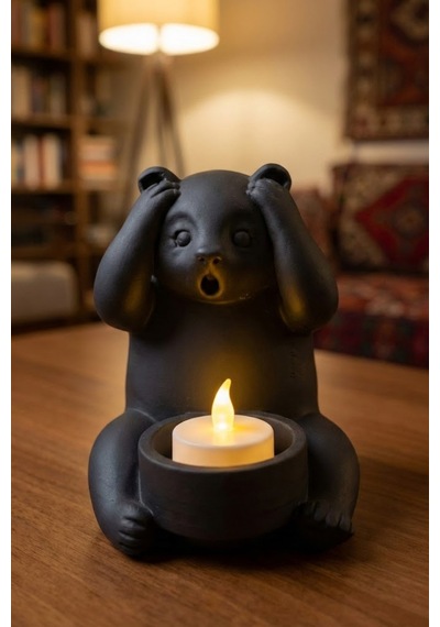 Dekoratif Tealight Mum Hediyeli Ayı Panda Tasarım Vegan Siyah