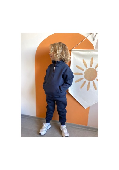 Heyadventure Erkek / Kız Çocuk Dik Yaka Sweatshirt Kanguru Cepli 3 İplik Şardonlu Lacivert Lacivert