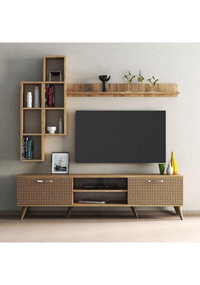 Mega 180 lik Kitaplıklı Raflı Tv Ünitesi Çam Hazeran Kapaklı - TV