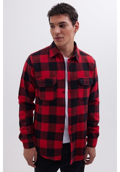 Tudors Erkek Slim Fit Dar Kesim Uzun Kollu Kapaklı Çift Cepli Kareli Kışlık Oduncu Gömlek-41626 Çok Renkli