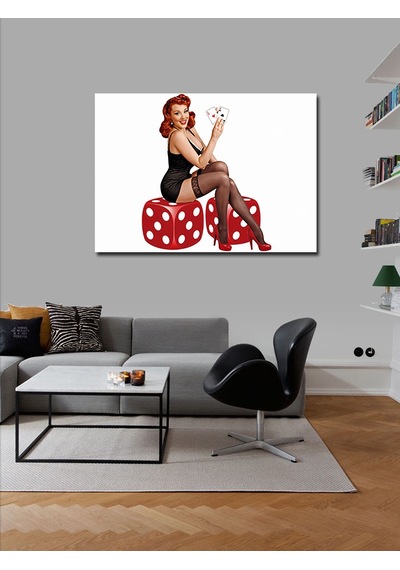 Kanvas Tablo Kırmızı Zar Üzerinde Oturan Pin-up Kız