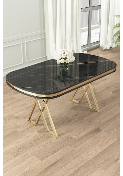 Canisa Lai Serisi 90x168 Lak Panel Sonata Gold Ayak Masa Takımı 6 Krem Sandalye Sonata Masa Krem Sandalye Ayaklar Gold