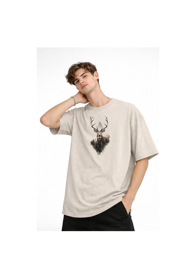 Misa Tahtakale Deer - Oversize Erkek Tişört Bej Çok Renkli
