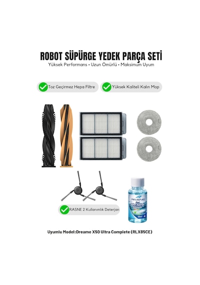 Dreame X50 Ultra Complete Rlx85ce İle Uyumlu 1 Ana Fırça 2 Yan Fırça 2 Filtre 2 Mop 1 Deterjan 3.0