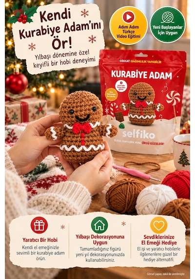 Selfıko Kurabiye Adam Örgü Öğrenme Seti Yılbaşı Yeni Yıl Amigurumi Başlangıç Hobi Kiti Çok Renkli