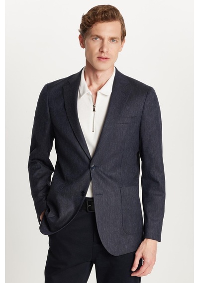 Tudors Erkek Slim Fit Mono Yaka Çift Yırtmaçlı Casual Lacivert Tek Ceket-33912 Lacivert