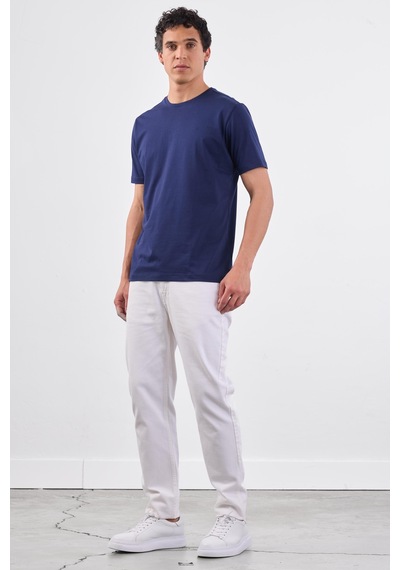 Dufy Lacivert Bisiklet Yaka Pamuklu Düz Renk Slim Fit Erkek T-shirt Lacivert