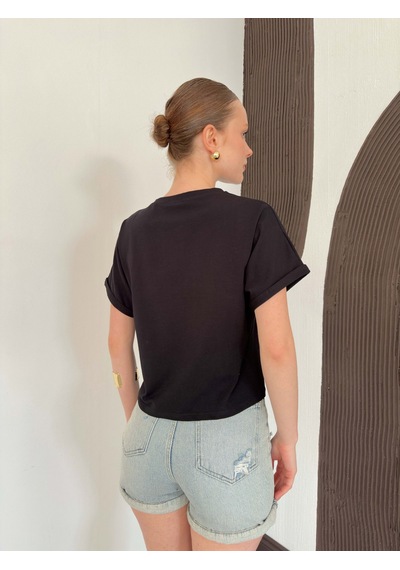 Verymoda Çiçek Detaylı Tişört D2910 Siyah