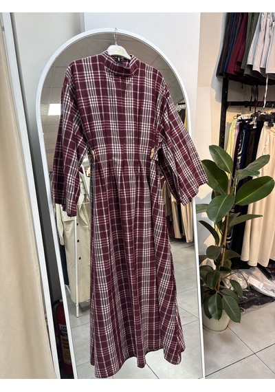 Nirva Butik Kadın Ekose Desenli Belden Oturtmalı Elbise Bordo - Beyaz