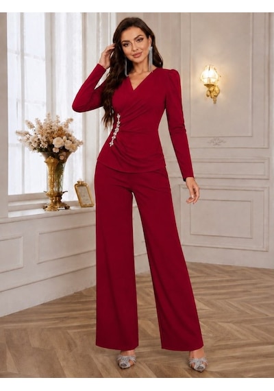 Butik İstanbul Kadın Uzun Kollu Kruvaze Yakalı Yan Tarafı Taşlı Ithal Krep Bluz Ve Pantolon Ikili Takım Kırmızı