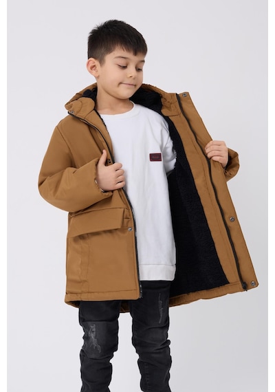 Spor Erkek Çocuk Kürklü Su Ve Rüzgar Geçirmez Kapüşonlu 3 Cep Kışlık Mont & Kaban & Parka-204 Taba