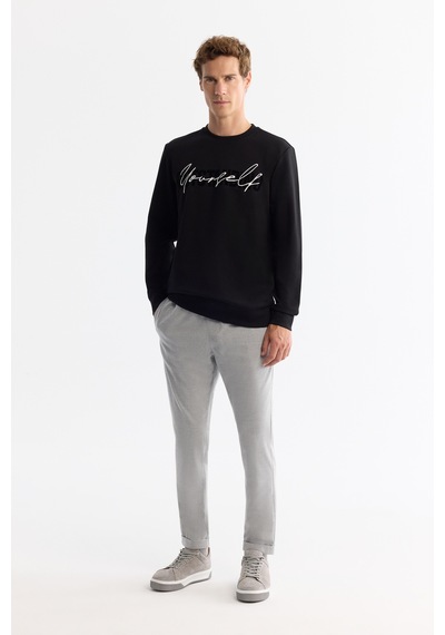 Avva Erkek Siyah Bisiklet Yaka Pamuklu Baskılı Elastan Regular Fit Sweatshirt A42y1258