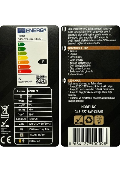 4 Adet Heka 6w 51w 6500k Beyaz Işık E27 Duylu Şeffaf Led Ampul Heka