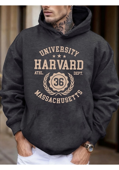 Startmore Startmoreüniversite Harvard Massachusetts Baskı Sonbahar Yumuşak Kapüşonlu Üst Erkek Polar Gevşek Kaza Antrasit