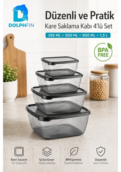4 Lü Kare Saklama Kabı Seti Kapaklı 250 Ml 500 Ml 900 Ml 1,5 L Bpa İçermez Siyah