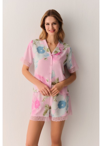 Suwen Meloni Gömlek Yaka Şort Pijama Takımı Sh26531667b334 Pembe