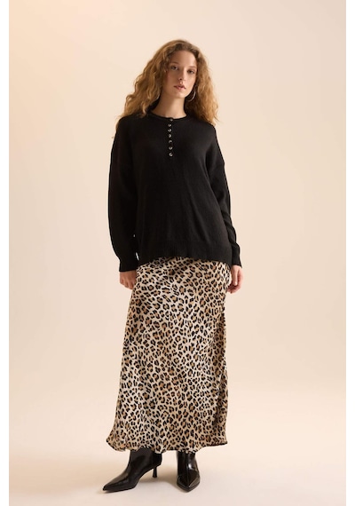 Defacto Straight Fit Normal Bel Leopar Desenli Saten Maxi Etek D6886axnser103 Ekru