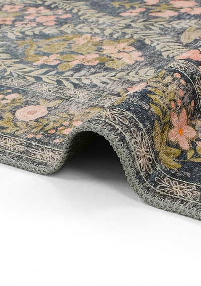 Cool Halı Daisy Kömür Mavi Bohem Halı Yıkanan Çiçek Desenli Dokuma Şönil Halı Otantik Vintage Halı