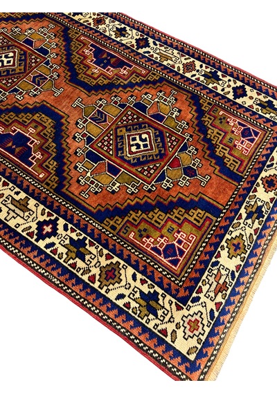 El Dokuma Sıfır Kafkas Halısı 102x160 Kiremit Lacivert Kök Boya Yün Halı Renkli