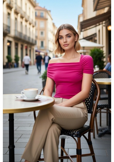 Benerly Kadın Bluz Slim Fit Asimetrik Yaka Tek Kısa Kol Örme Kumaş Büzgül Fuşya