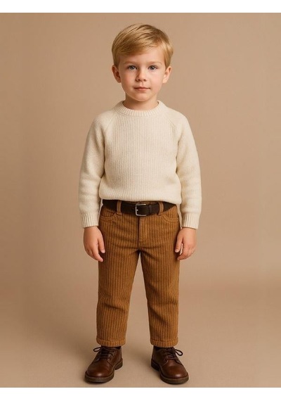 Zekids Erkek Çocuk Fitilli Kadife Kemerli Pantolon-16329 Kahverengi