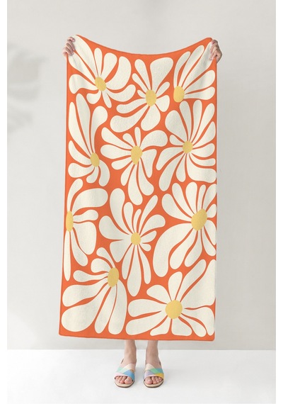Çiçek Desenli Turuncu Beyaz Plaj Havlusu - Retro Floral Modern Hızlı Kuruyan Mikrofiber Havlu Köpük Şakayık