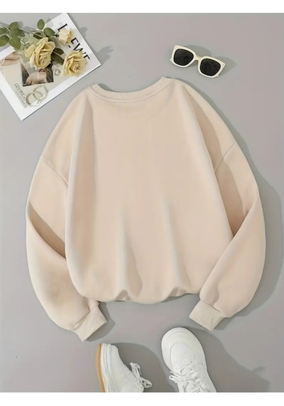 Uyguntarz Unisex Sevimli Marshmallows Baskılı Oversize Sweatshirt Bej