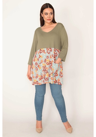 Şans Kadın Haki Eteği Desenli Cepli Tunik Elbise-Haki