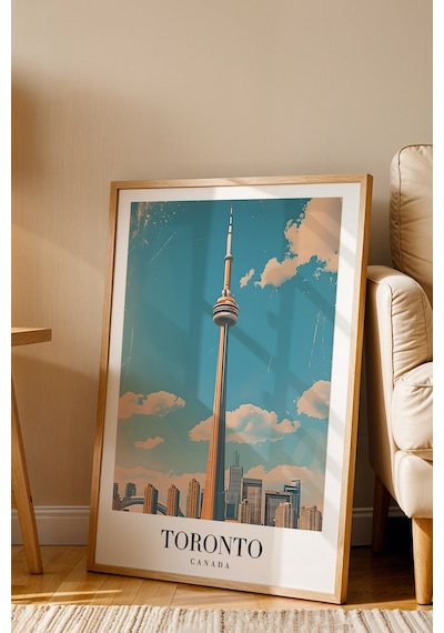 Toronto Canada Vintage Seyahat Posteri Çerçeveli Tablo - Premium Cn Tower Elit Duvar Dekoru Kayın