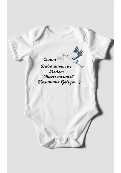 Canım Babannem Ve Dedem Hazır Mısınız Baskılı Bebek Zıbını Çıtçıtlı Body %100 Pamuk Kısa Kol Beyaz