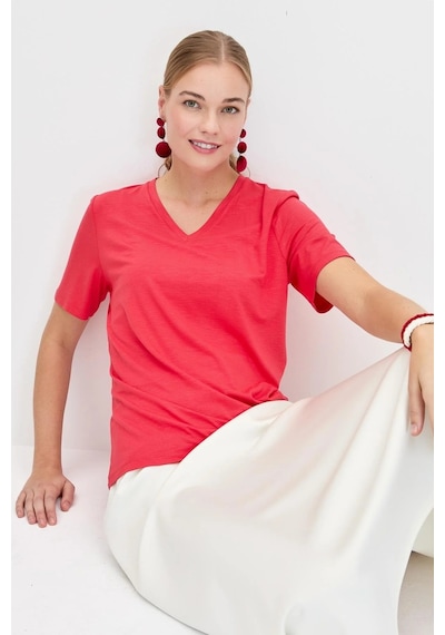 Desen Triko Kadın V Yaka Flamlı Kumaş Basic T-shirt Kmy24085 Mercan